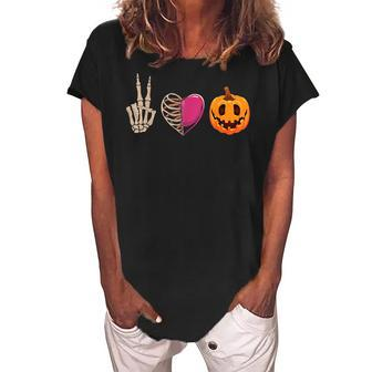 Halloween Skeleton Peace Love Pumpkin Leopard Heart Apparel Women's Loosen Crew Neck Short Sleeve T-Shirt - Seseable