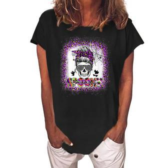 Halloween Spooky Mama Bleached Messy Bun V2 Women's Loosen Crew Neck Short Sleeve T-Shirt - Seseable