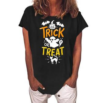 Happy Halloween Trick Or Treat Party Ghost Bat Women's Loosen Crew Neck Short Sleeve T-Shirt - Seseable