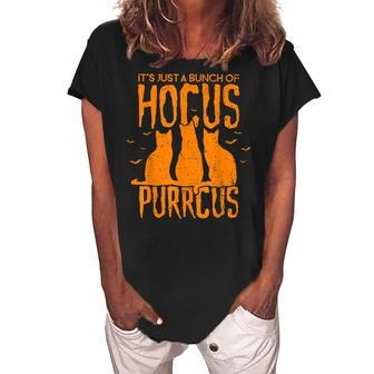 Hocus Purrcus Pocus Halloween Witch Cats Funny Parody Women's Loosen Crew Neck Short Sleeve T-Shirt - Seseable