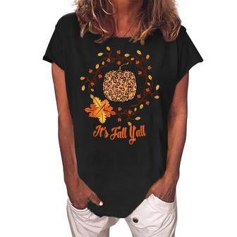 Its Fall Yall Leopard Print Pumpkin Thanksgiving Halloween Women's Loosen Crew Neck Short Sleeve T-Shirt - Seseable