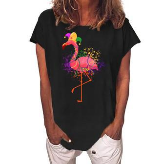 Jester Pink Flamingo Bird Animal Cute Mardi Gras Carnival Women's Loosen Crew Neck Short Sleeve T-Shirt - Thegiftio UK