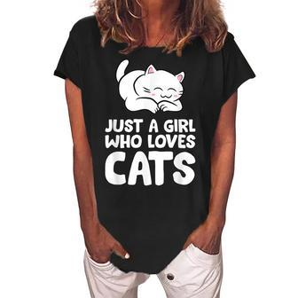 Just A Girl Who Loves Cats Women's Loosen Crew Neck Short Sleeve T-Shirt - Seseable