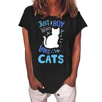 Kids Cat Just A Boy Who Loves Cats Gift For Cat Lovers Women's Loosen Crew Neck Short Sleeve T-Shirt - Seseable
