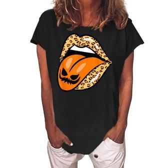 Leopard Lips Mouth Pumpkin Tongue Costume Halloween Women Women's Loosen Crew Neck Short Sleeve T-Shirt - Seseable