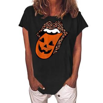 Leopard Lips Pumpkin Tongue Women Girls Halloween Costume V2 Women's Loosen Crew Neck Short Sleeve T-Shirt - Seseable