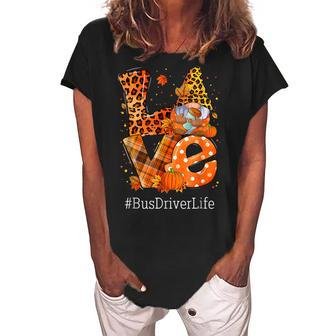 Leopard Love Gnome Fall Pumpkin Bus Driver Life Thanksgiving V2 Women's Loosen Crew Neck Short Sleeve T-Shirt - Seseable