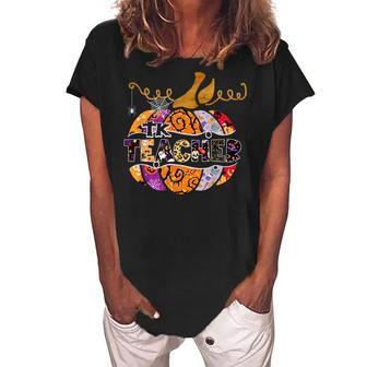 Leopard Pumpkin Tk Teacher Halloween Trick Or Teach Women's Loosen Crew Neck Short Sleeve T-Shirt - Seseable
