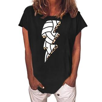 Leopard Volleyball Lightning Bolt Volleyball Mom Game Day Women's Loosen Crew Neck Short Sleeve T-Shirt - Thegiftio UK