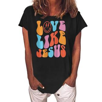 Love Like Jesus Smiley Face Aesthetic Trendy Clothing Women's Loosen Crew Neck Short Sleeve T-Shirt | Mazezy
