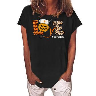 Love Nurse Life Pumpkin Leopard Funny Scary Halloween 2021 Women's Loosen Crew Neck Short Sleeve T-Shirt - Seseable