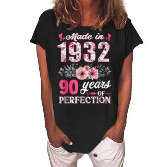 Made In 1932 Floral 90 Years Old 90Th Birthday Gift Women's Loosen Crew Neck Short Sleeve T-Shirt - Seseable