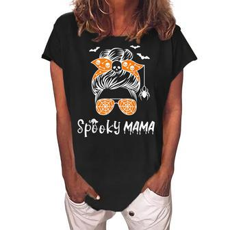 Messy Bun Spooky Mama Mom Funny Halloween Costume Skull V2 Women's Loosen Crew Neck Short Sleeve T-Shirt - Seseable
