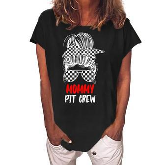 Mommy Pit Crew Messy Bun Race Track Flag Car Racing Womens Women's Loosen Crew Neck Short Sleeve T-Shirt - Thegiftio UK
