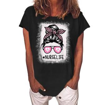 Nurse Life Bleached Pink Leopard Messy Bun Nurse Life Women's Loosen Crew Neck Short Sleeve T-Shirt - Thegiftio UK