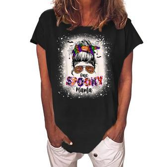 One Spooky Mama Mommy Halloween Mom Life Messy Bun Bleached Women's Loosen Crew Neck Short Sleeve T-Shirt - Seseable