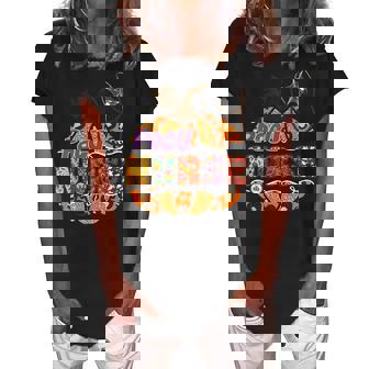 Pacu Nurse Stethoscope Nursing Halloween Pumpkin Leopard Women's Loosen Crew Neck Short Sleeve T-Shirt - Thegiftio