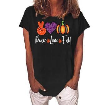 Peace Love Fall Leopard Print Pumpkin Thanksgiving Graphic V3 Women's Loosen Crew Neck Short Sleeve T-Shirt - Seseable