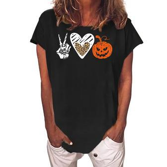 Peace Love Pumpkin Fall Leopard Halloween Girls Kids Gift Women's Loosen Crew Neck Short Sleeve T-Shirt - Seseable