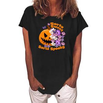 Pumpkin Daisy Sorta Sweet Sorta Spooky Halloween Women's Loosen Crew Neck Short Sleeve T-Shirt - Seseable