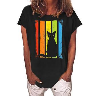 Rainbow Halloween Cat Lover Design Trick Or Treat Women's Loosen Crew Neck Short Sleeve T-Shirt - Seseable