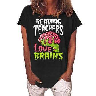 Reading Teachers Love Brains Zombie Teacher School Halloween Women's Loosen Crew Neck Short Sleeve T-Shirt - Thegiftio UK