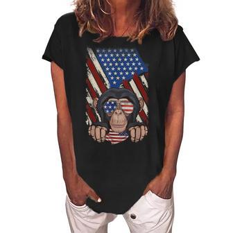 Retro American Flag Monkey Dad Mom Monkey Lover 4Th Of July Women's Loosen Crew Neck Short Sleeve T-Shirt - Thegiftio