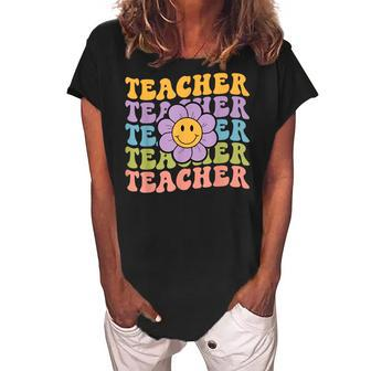 Retro Groovy Teacher Inspirational Colorful Back To School Women's Loosen Crew Neck Short Sleeve T-Shirt - Thegiftio UK