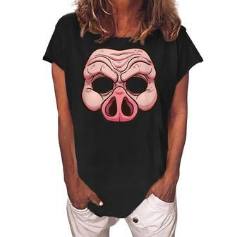Scary Halloween Inspired Evil Pig Mask Trick Or Treat Gift Women's Loosen Crew Neck Short Sleeve T-Shirt - Seseable