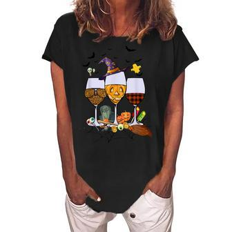Scary Leopard Pumpkin Witch Plaid Wine Glass Halloween Women's Loosen Crew Neck Short Sleeve T-Shirt - Seseable