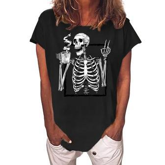 Skeleton Drinking Coffee Peace Halloween Grunge Aesthetic Women's Loosen Crew Neck Short Sleeve T-Shirt - Thegiftio UK