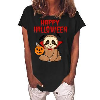 Sloth Halloween Vampire Trick Or Treat Kids Parents Women's Loosen Crew Neck Short Sleeve T-Shirt - Seseable