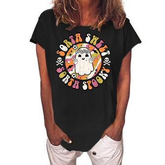 Sorta Sweet Sorta Spooky Cute Smiling Ghost Funny Halloween Women's Loosen Crew Neck Short Sleeve T-Shirt - Seseable