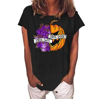 Sorta Sweet Sorta Spooky Flower Pumpkin Spooky Halloween Women's Loosen Crew Neck Short Sleeve T-Shirt - Seseable
