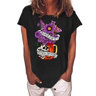 Sorta Sweet Sorta Spooky Flower Skull Pumpkin Halloween Women's Loosen Crew Neck Short Sleeve T-Shirt - Seseable