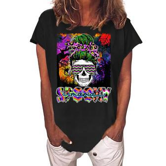 Spooky Mama Halloween Costume Witch Skull Messy Bun Leopard Women's Loosen Crew Neck Short Sleeve T-Shirt - Seseable