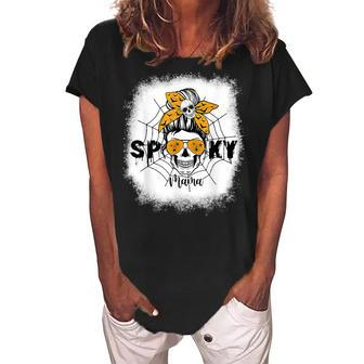 Spooky Mama Halloween Skull Messy Bun Witch Mom V2 Women's Loosen Crew Neck Short Sleeve T-Shirt - Seseable