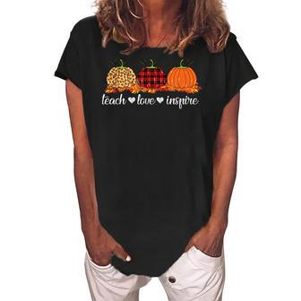 Teach Love Inspire Teacher Autumn Fall Pumpkin Leopard Plaid V2 Women's Loosen Crew Neck Short Sleeve T-Shirt - Seseable