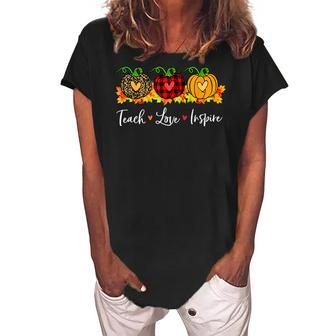 Teach Love Inspire Teacher Autumn Fall Pumpkin Leopard Plaid V3 Women's Loosen Crew Neck Short Sleeve T-Shirt - Seseable