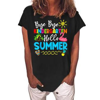 Teacher Student Kids Bye Bye Kindergarten Hello Summer Women's Loosen Crew Neck Short Sleeve T-Shirt - Seseable