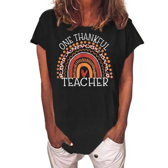 Teacher Thanksgiving - Leopard Rainbow One Thankful Teacher Women's Loosen Crew Neck Short Sleeve T-Shirt - Thegiftio UK