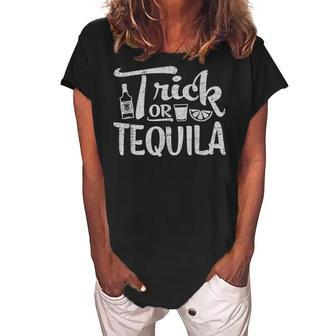 Womens Funny Trick Or Tequila Halloween Drinking Women's Loosen Crew Neck Short Sleeve T-Shirt - Seseable