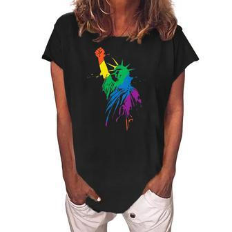 Womens Rainbow Statue Of Liberty With Raised Fist Lgbtq Pride Women's Loosen Crew Neck Short Sleeve T-Shirt | Mazezy