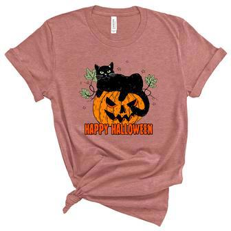 Black Cat Pumpkin Halloween Day Sublimation Retro Halloween Unisex Crewneck Soft Tee - Thegiftio UK