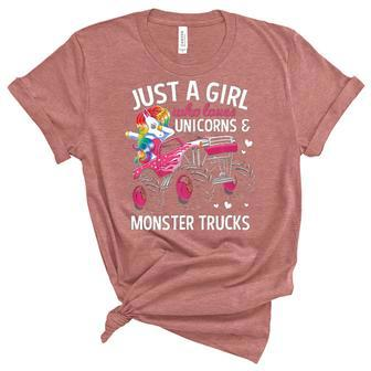 Just A Girl Who Loves Unicorns And Monster Trucks Girls Kids Women's Short Sleeve T-shirt Unisex Crewneck Soft Tee - Thegiftio UK