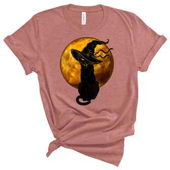 Beautiful Halloween Black Cat With Witch Hat Full Moon - Cat Unisex Crewneck Soft Tee - Seseable