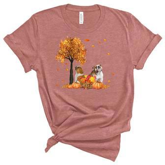 Bulldog Autumn Leaf Fall Dog Lover Thanksgiving Halloween Unisex Crewneck Soft Tee - Seseable