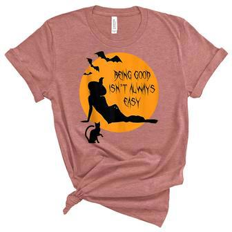 Cat And Witch Being Good Isnt Always Easy Adult Halloween Unisex Crewneck Soft Tee - Seseable