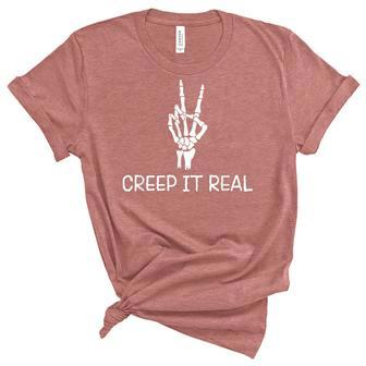 Creep It Real Peace Sign Skeleton Hand Funny Bones Halloween Unisex Crewneck Soft Tee - Seseable