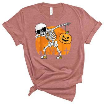 Dabbing Skeleton Funny Halloween Pumpkin Skeleton Unisex Crewneck Soft Tee - Seseable